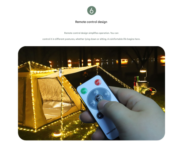 (200 lights warm white at 20 meters) Camping tent light kit - rechargeable power bank, spool light string, remote control - Image 8