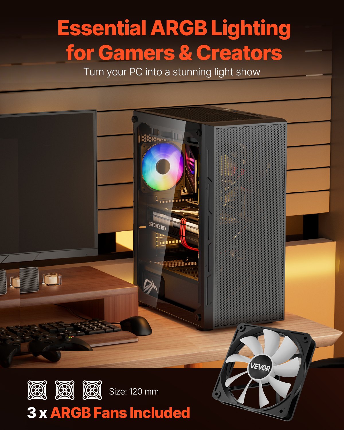 VEVOR Mid-Tower ATX PC Gaming Case Computer Case Box with 3 x 120 mm ARGB Fans - Image 2