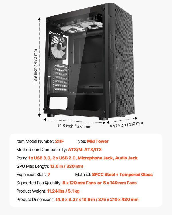 VEVOR Mid-Tower ATX PC Gaming Case Computer Case Box with 3 x 120 mm ARGB Fans