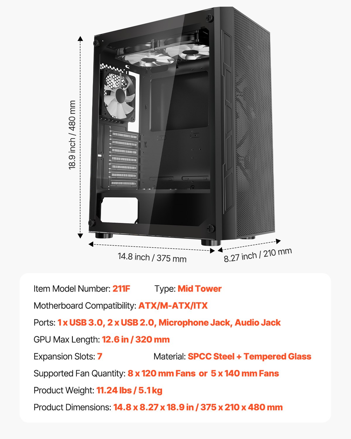 VEVOR Mid-Tower ATX PC Gaming Case Computer Case Box with 3 x 120 mm ARGB Fans - Image 7