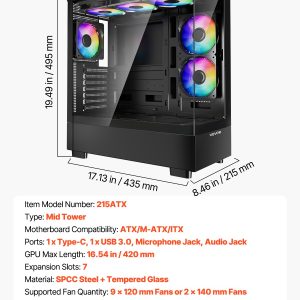 VEVOR Mid-Tower ATX PC Gaming Case Computer Case with 6 x 120 mm PWM ARGB Fans - Image 7