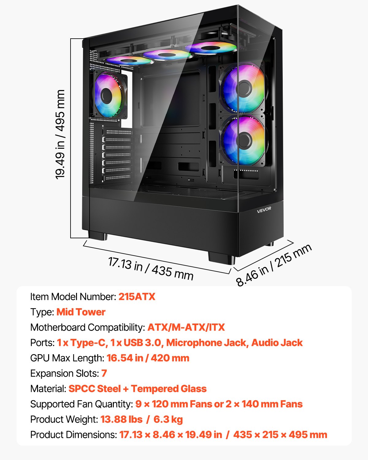 VEVOR Mid-Tower ATX PC Gaming Case Computer Case with 6 x 120 mm PWM ARGB Fans - Image 7