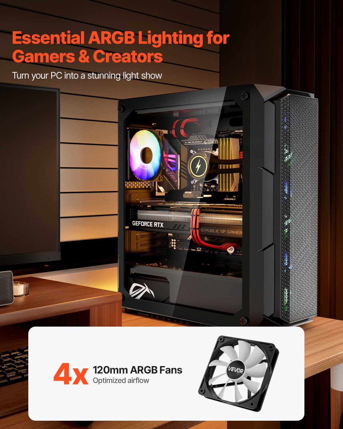 VEVOR Mid-Tower ATX PC Gaming Case Computer Case Box with 4 x 120 mm ARGB Fans - Image 2