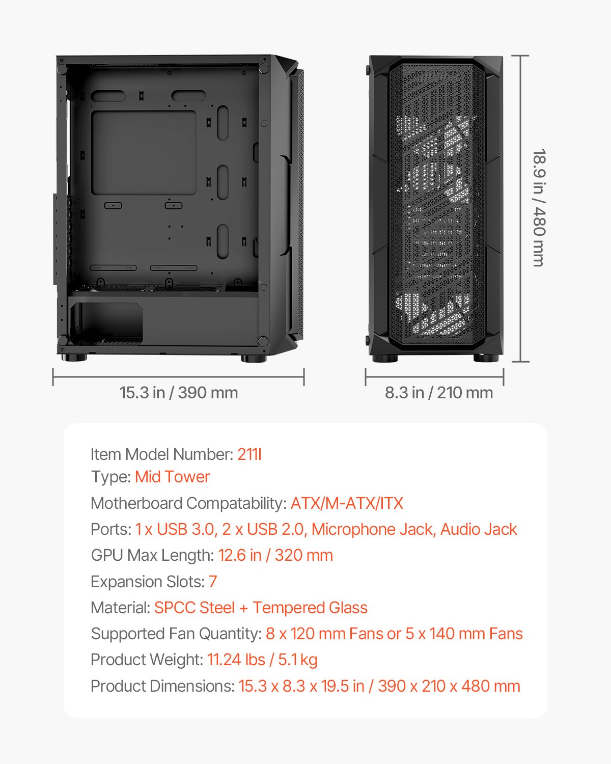 VEVOR Mid-Tower ATX PC Gaming Case Computer Case Box with 4 x 120 mm ARGB Fans - Image 7