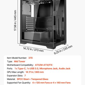 VEVOR PC Gaming Case Mid-Tower Computer Case with 2 Fans for ATX Motherboard - Image 7