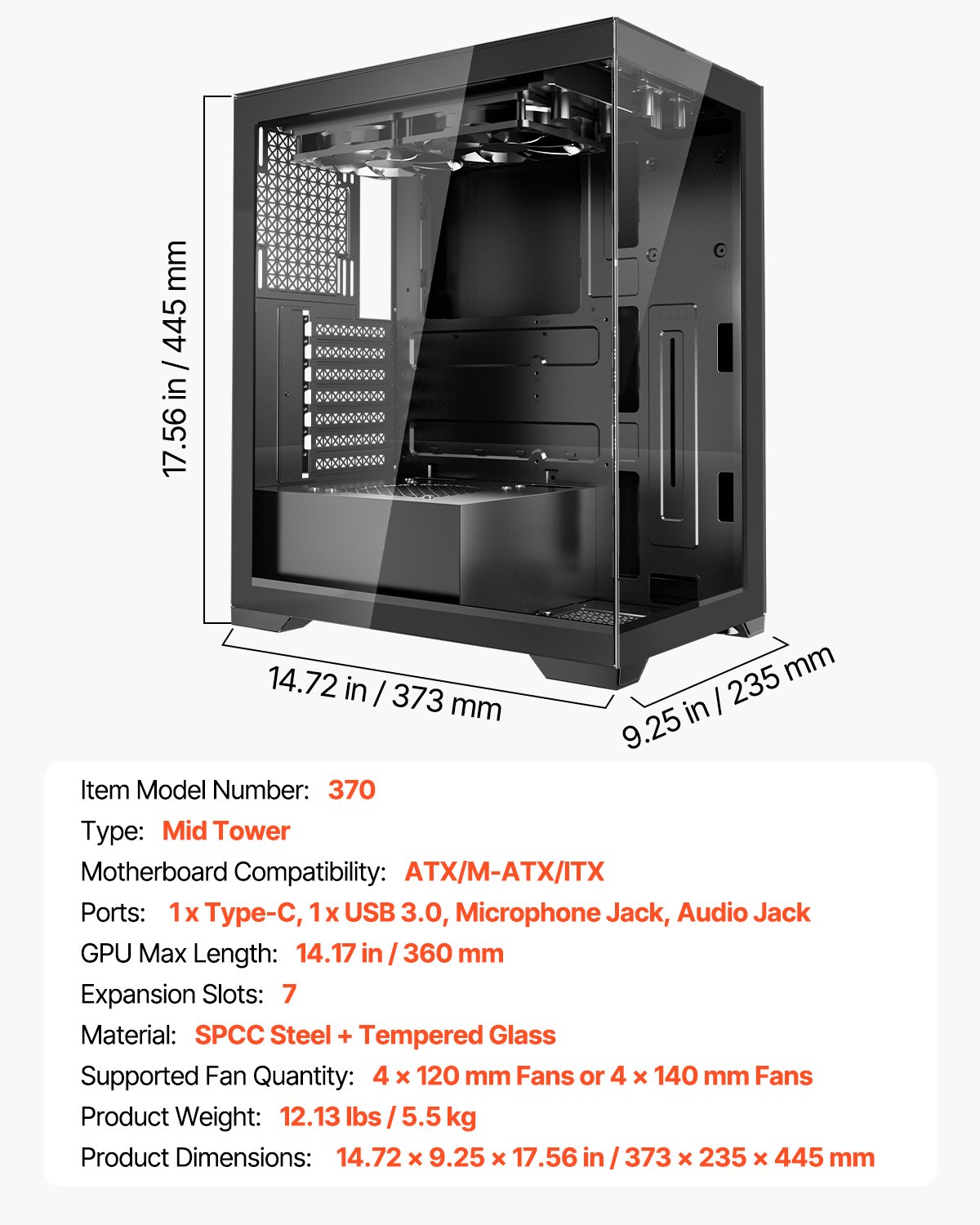 VEVOR PC Gaming Case Mid-Tower Computer Case with 2 Fans for ATX Motherboard - Image 7