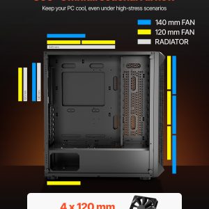 VEVOR PC Gaming Case, Mid-Tower, Computer Case with High-Airflow Tempered Glass Panel, Dust Filter, 4 x 120 mm Fans, Cable Management, for GPU up to 270 mm in Length, Compatible with ATX/M-ATX/ITX - Image 4