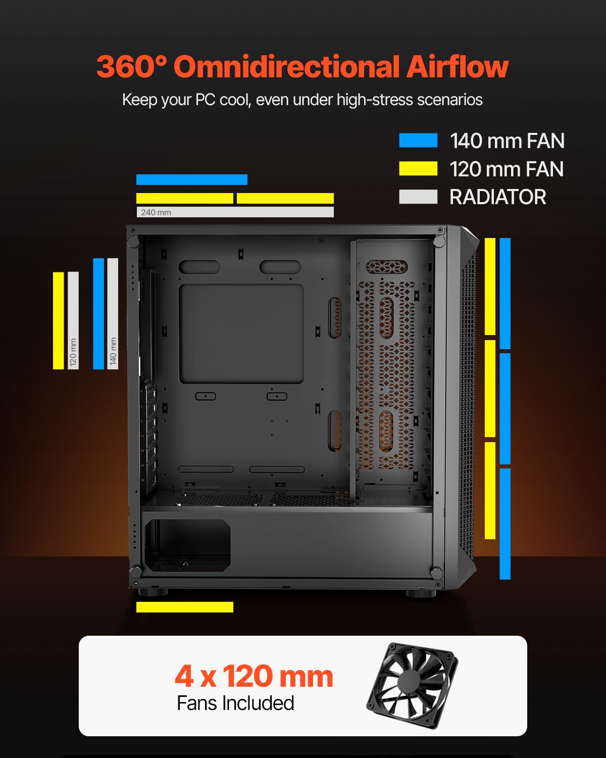 VEVOR PC Gaming Case, Mid-Tower, Computer Case with High-Airflow Tempered Glass Panel, Dust Filter, 4 x 120 mm Fans, Cable Management, for GPU up to 270 mm in Length, Compatible with ATX/M-ATX/ITX - Image 4
