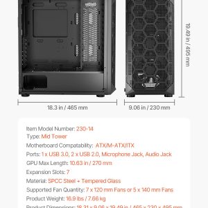 VEVOR PC Gaming Case, Mid-Tower, Computer Case with High-Airflow Tempered Glass Panel, Dust Filter, 4 x 120 mm Fans, Cable Management, for GPU up to 270 mm in Length, Compatible with ATX/M-ATX/ITX - Image 7